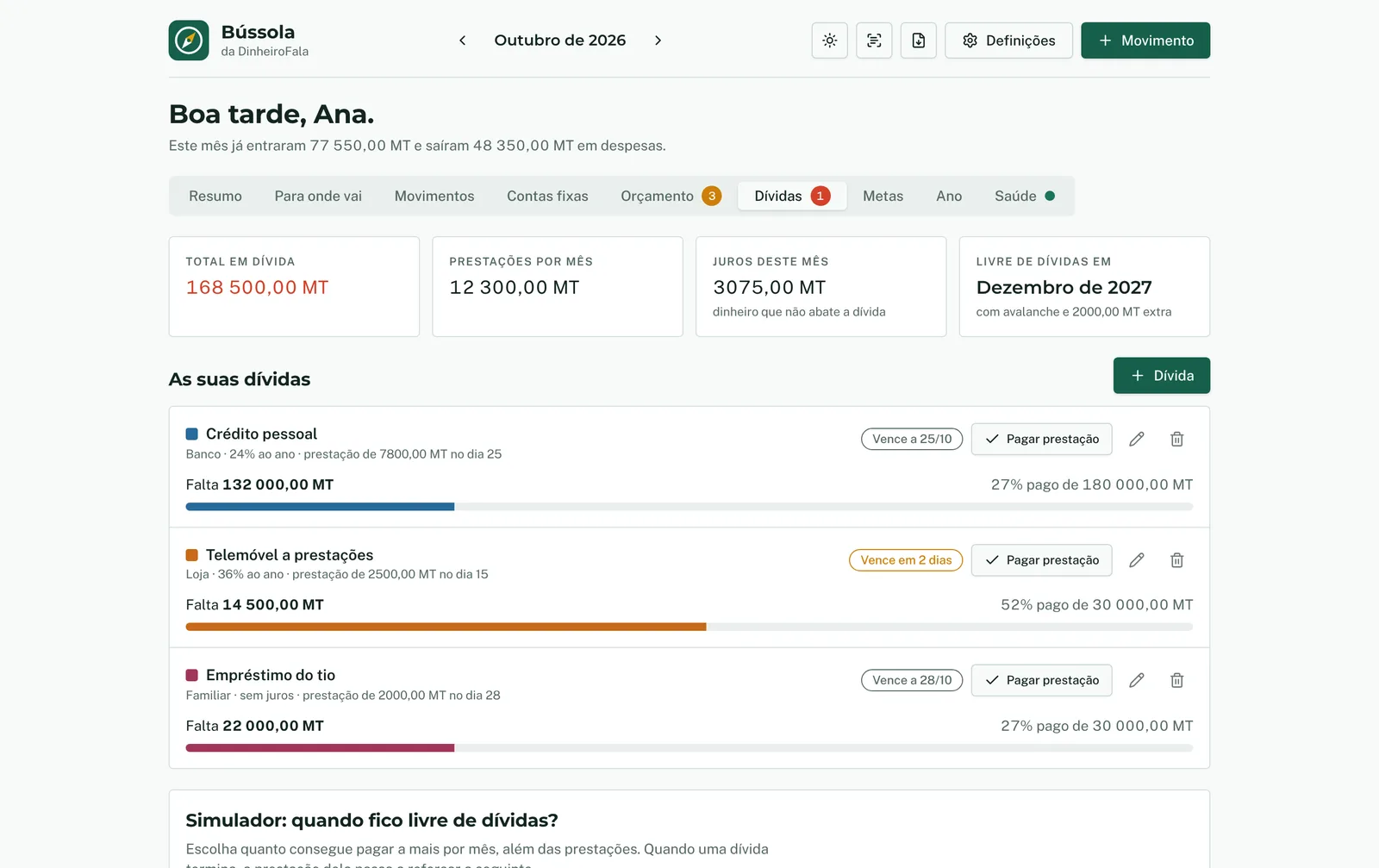 Separador Dívidas, com as dívidas registadas e o progresso de cada uma