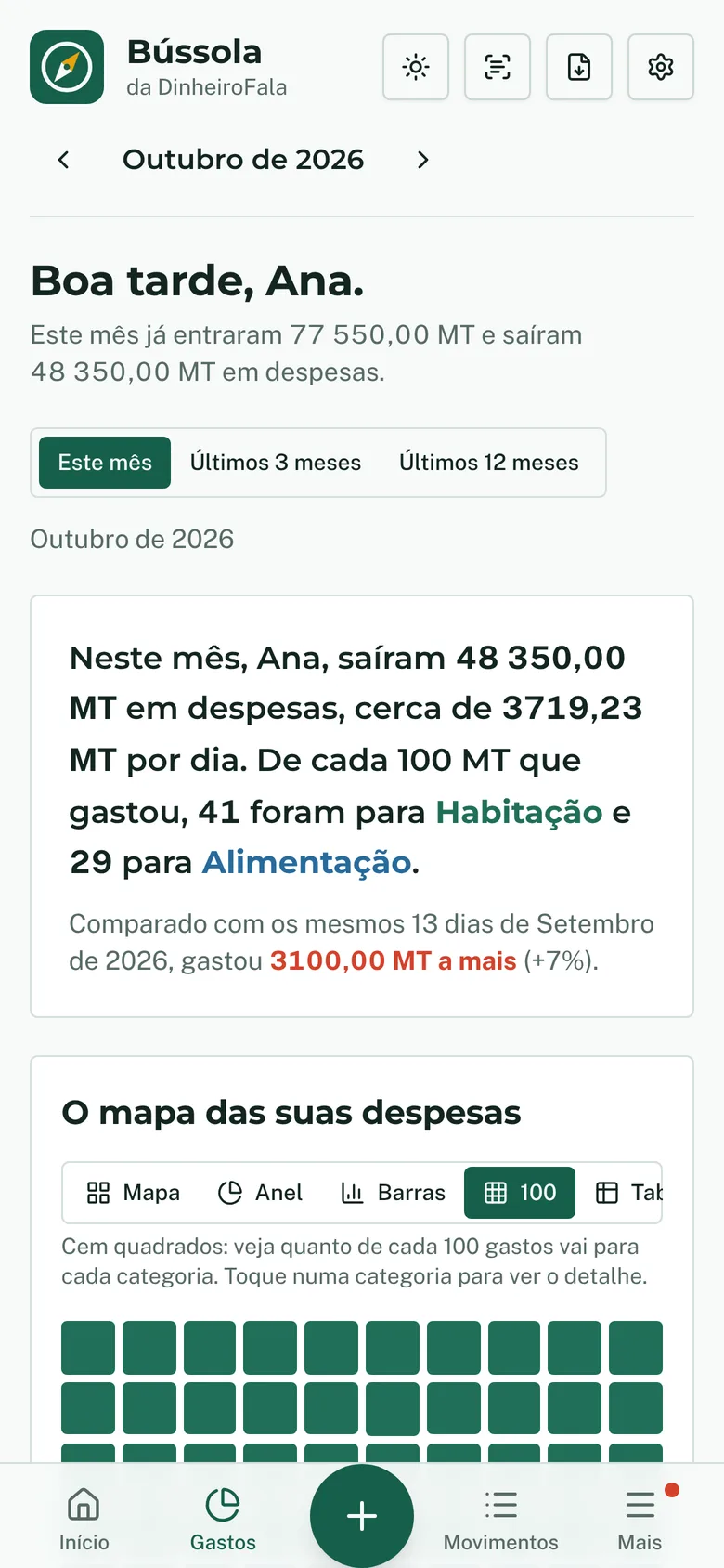 Despesas no formato de cem quadrados, no telemóvel