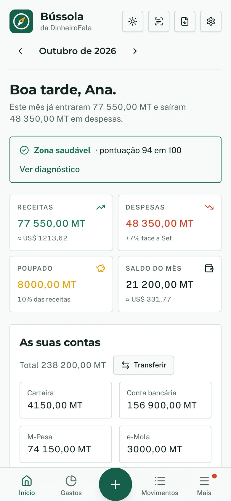 Ecrã inicial da Bússola no telemóvel