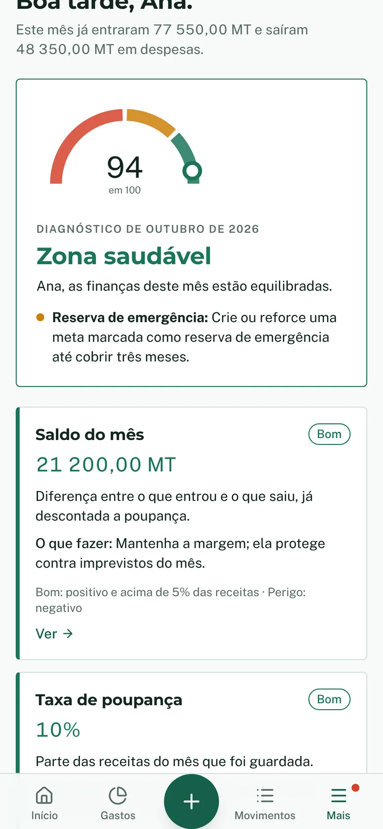 Diagnóstico de saúde financeira no telemóvel