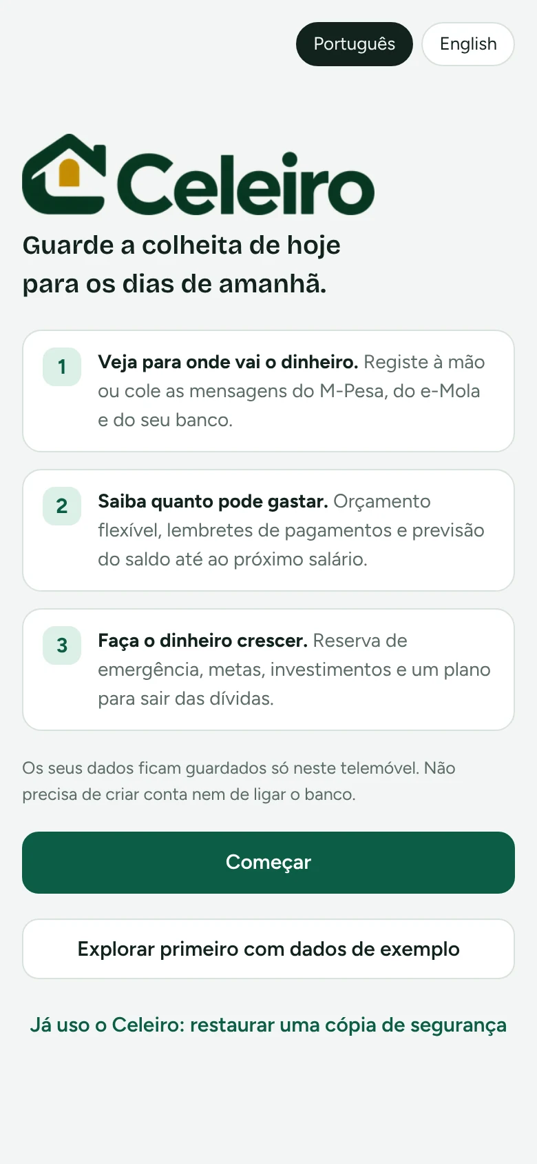 Ecrã de boas-vindas do Celeiro