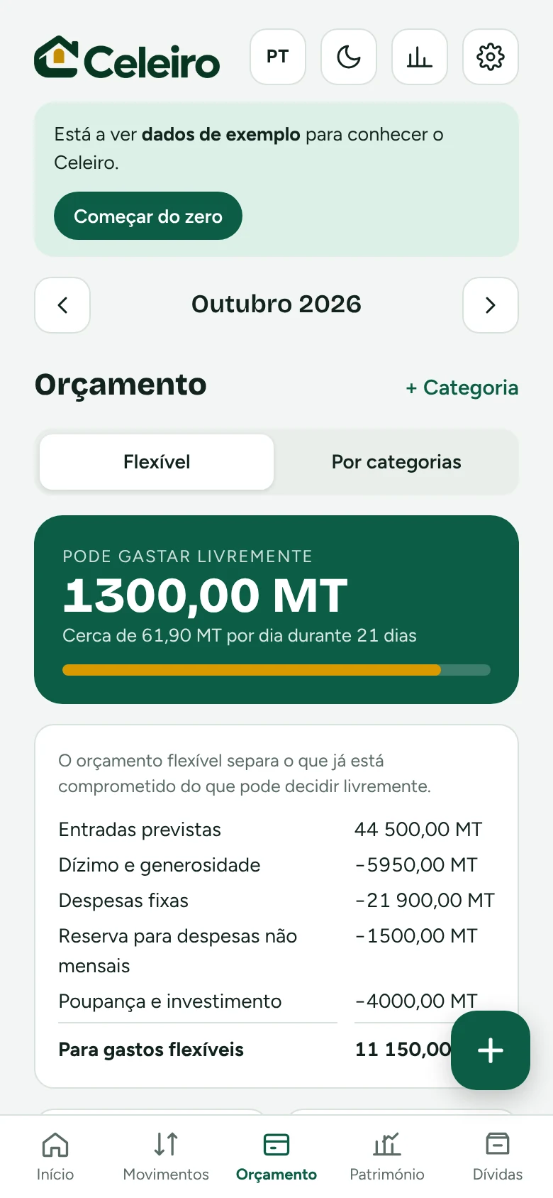 Ecrã do orçamento flexível com o valor que ainda pode ser gasto no mês