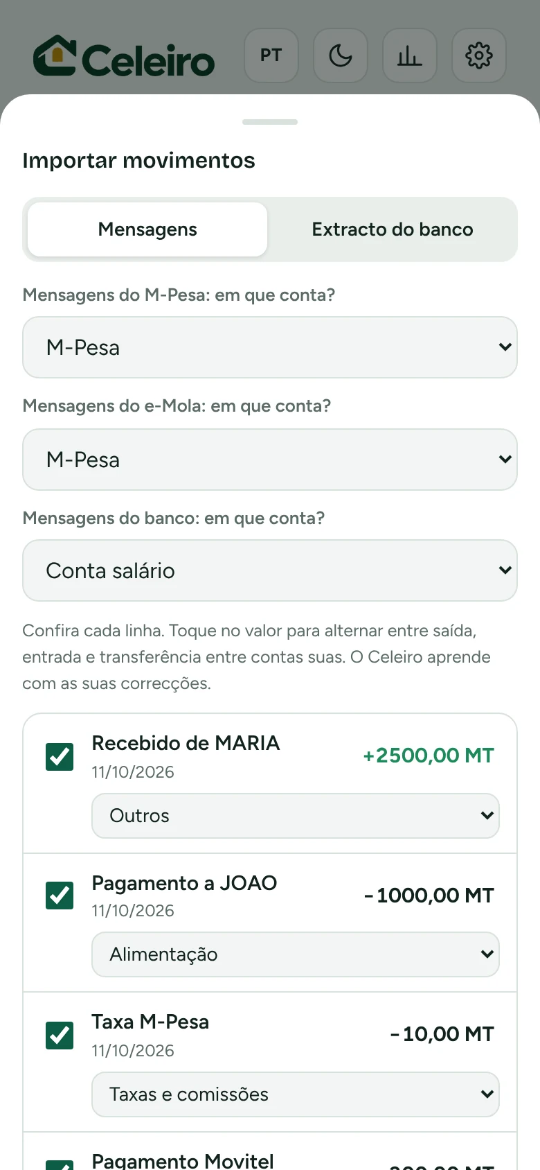 Ecrã de importação de mensagens com os movimentos lidos, prontos a confirmar