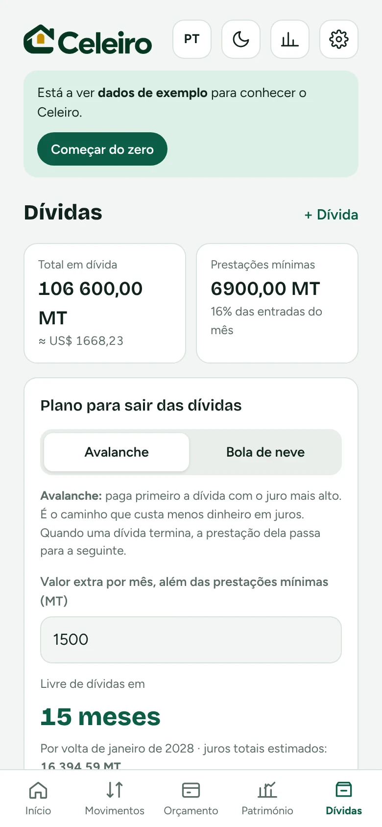 Ecrã do plano para sair das dívidas com o número de meses até ficar livre