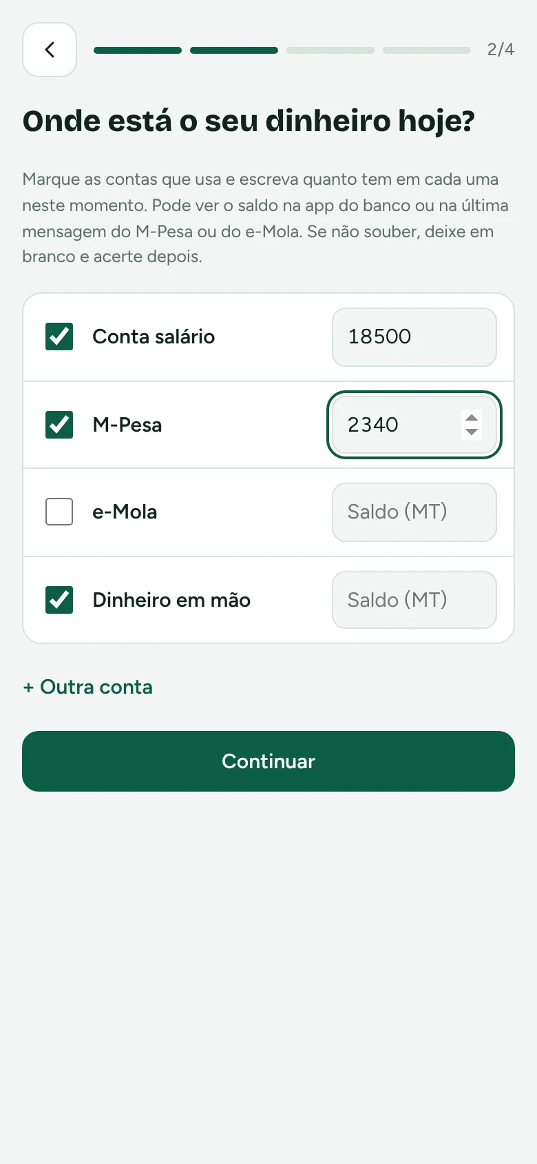 Ecrã de configuração das contas e dos saldos