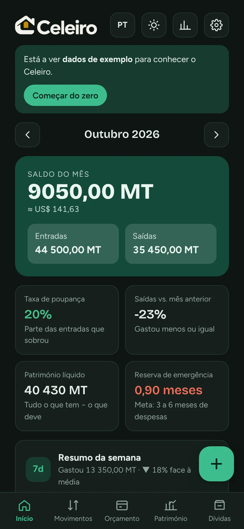 Ecrã inicial do Celeiro em modo escuro