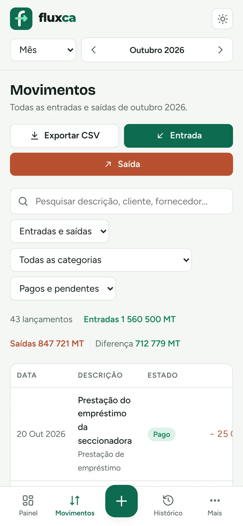 Lista de entradas e saídas no telemóvel