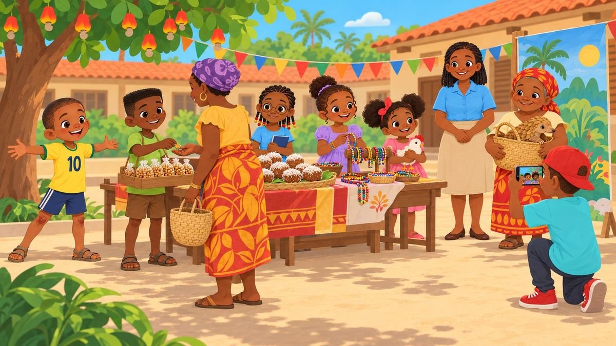 A Feira da Escola, com as crianças nas bancas