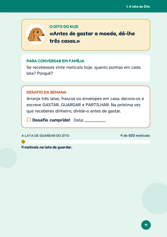 Página final da história 1, com o Dito do Kuzi, a pergunta para a família, o desafio da semana e a lata do Zito