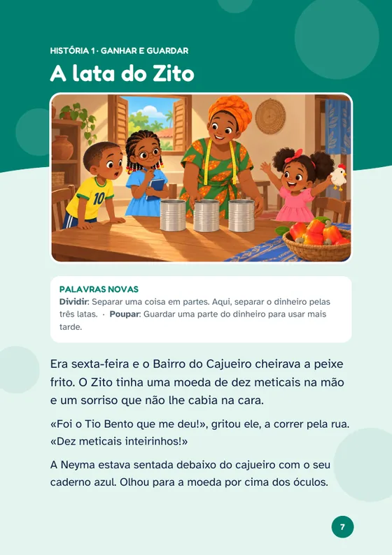 Página de abertura da história 1, A lata do Zito, com a ilustração e as palavras novas