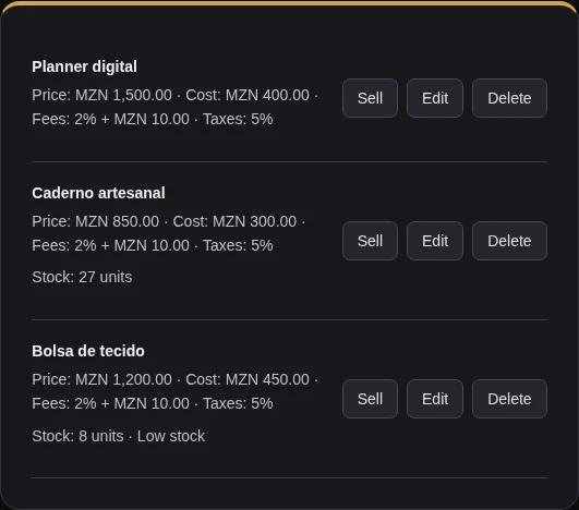 Real screenshot of Lucra's catalogue with prices, costs and stock.
