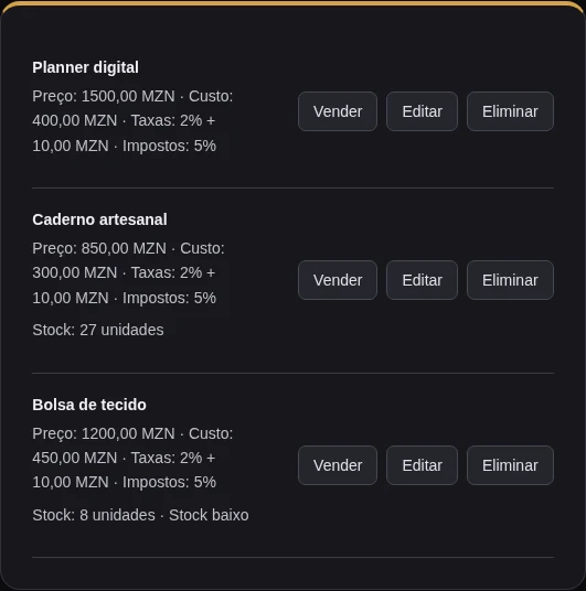 Screenshot real do catálogo da Lucra, com preços, custos e stock.