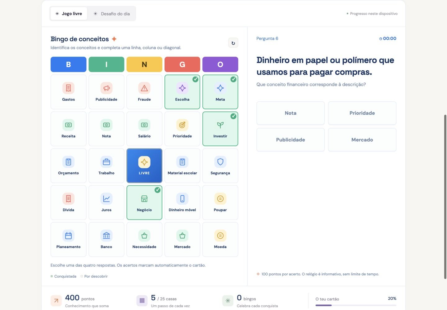 Cartão de Bingo de conceitos no computador, com perguntas e respostas sobre dinheiro.