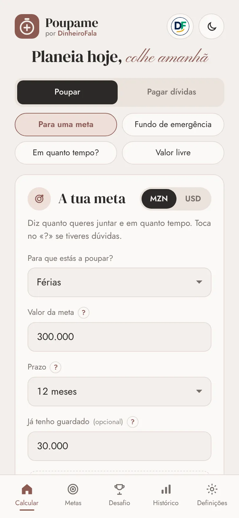 Poupame no telemóvel: ecrã inicial com a escolha do objetivo