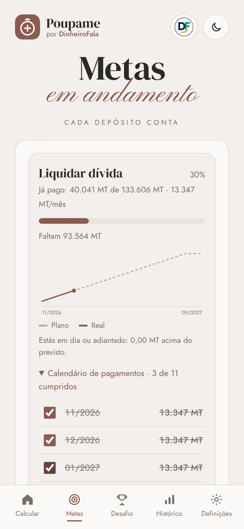 Acompanhamento de uma dívida com gráfico e calendário de pagamentos