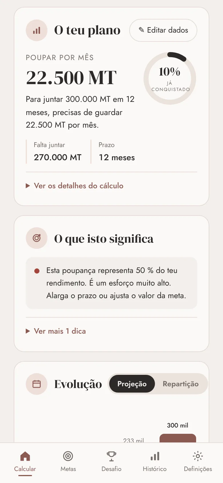 Resultado do plano no telemóvel