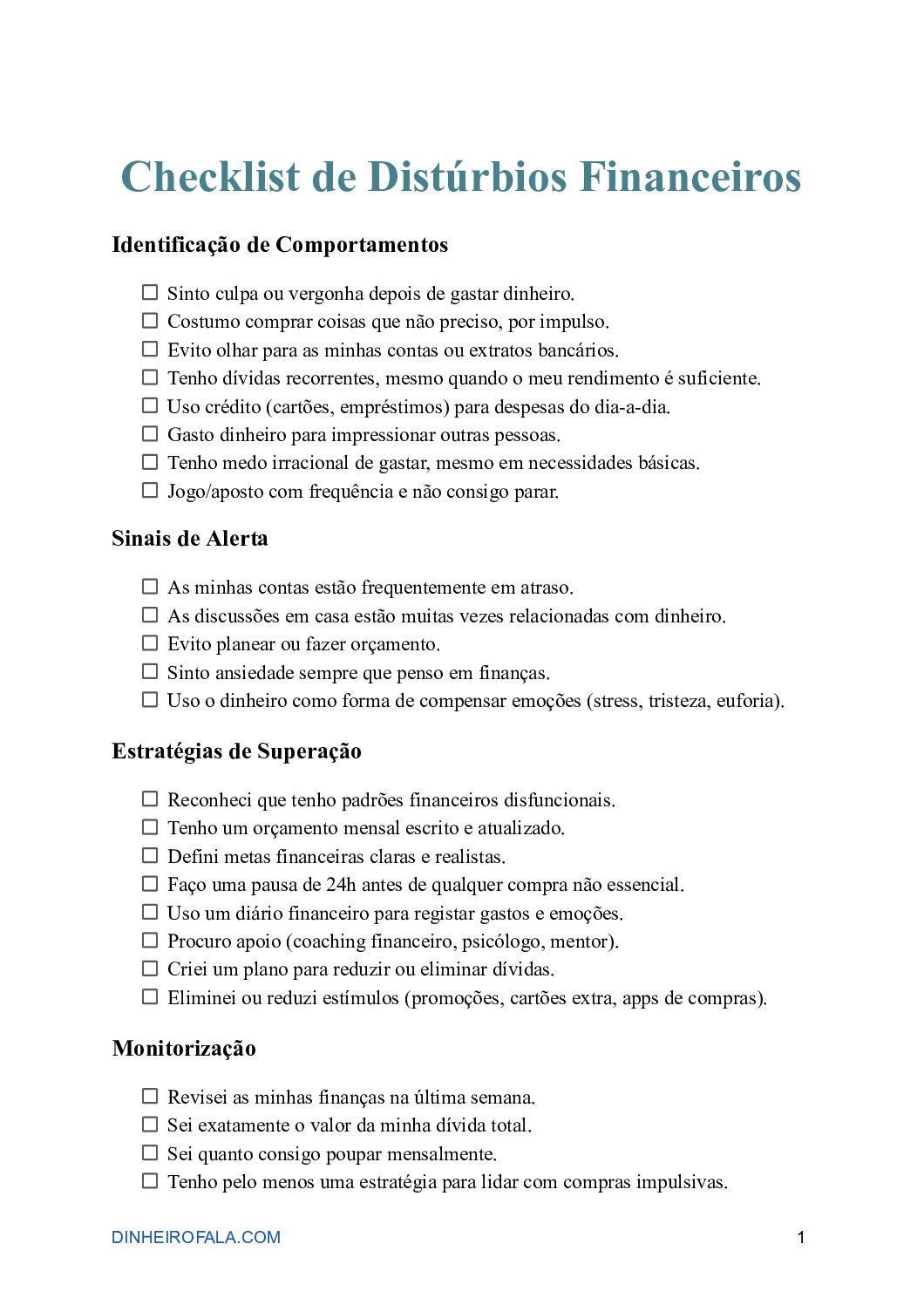 Checklist de Distúrbios Financeiros