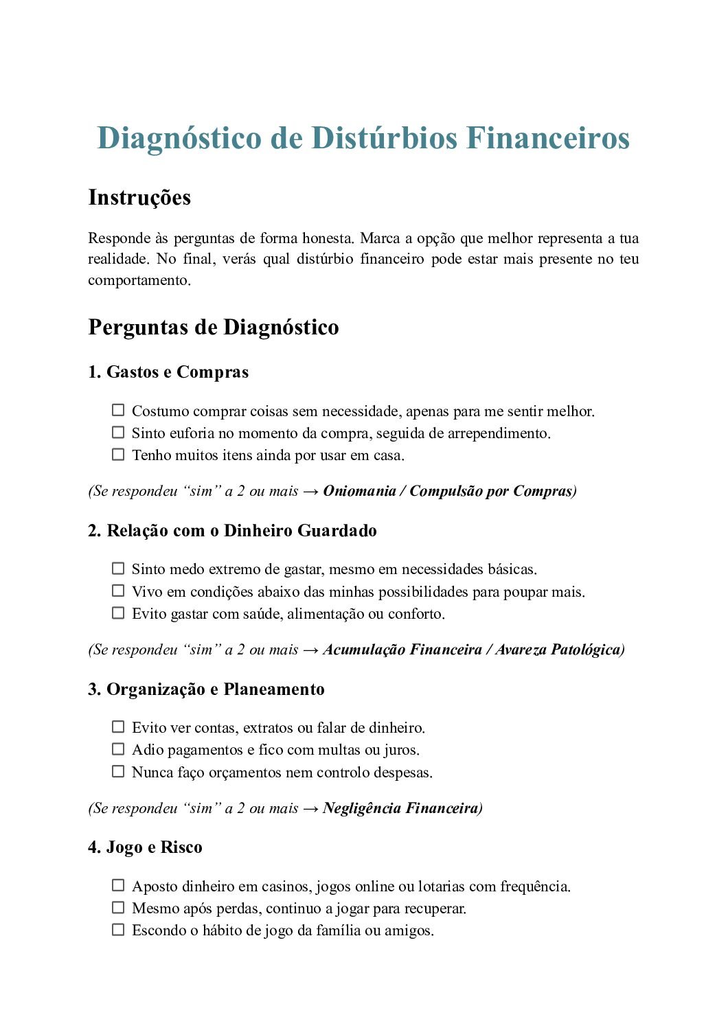 Diagnóstico de Distúrbios Financeiros