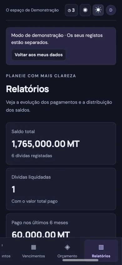 xikweneti no telemóvel, no modo escuro, com dados fictícios