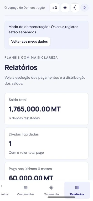 Captura real do xikweneti no mobile, modo claro, com dados fictícios