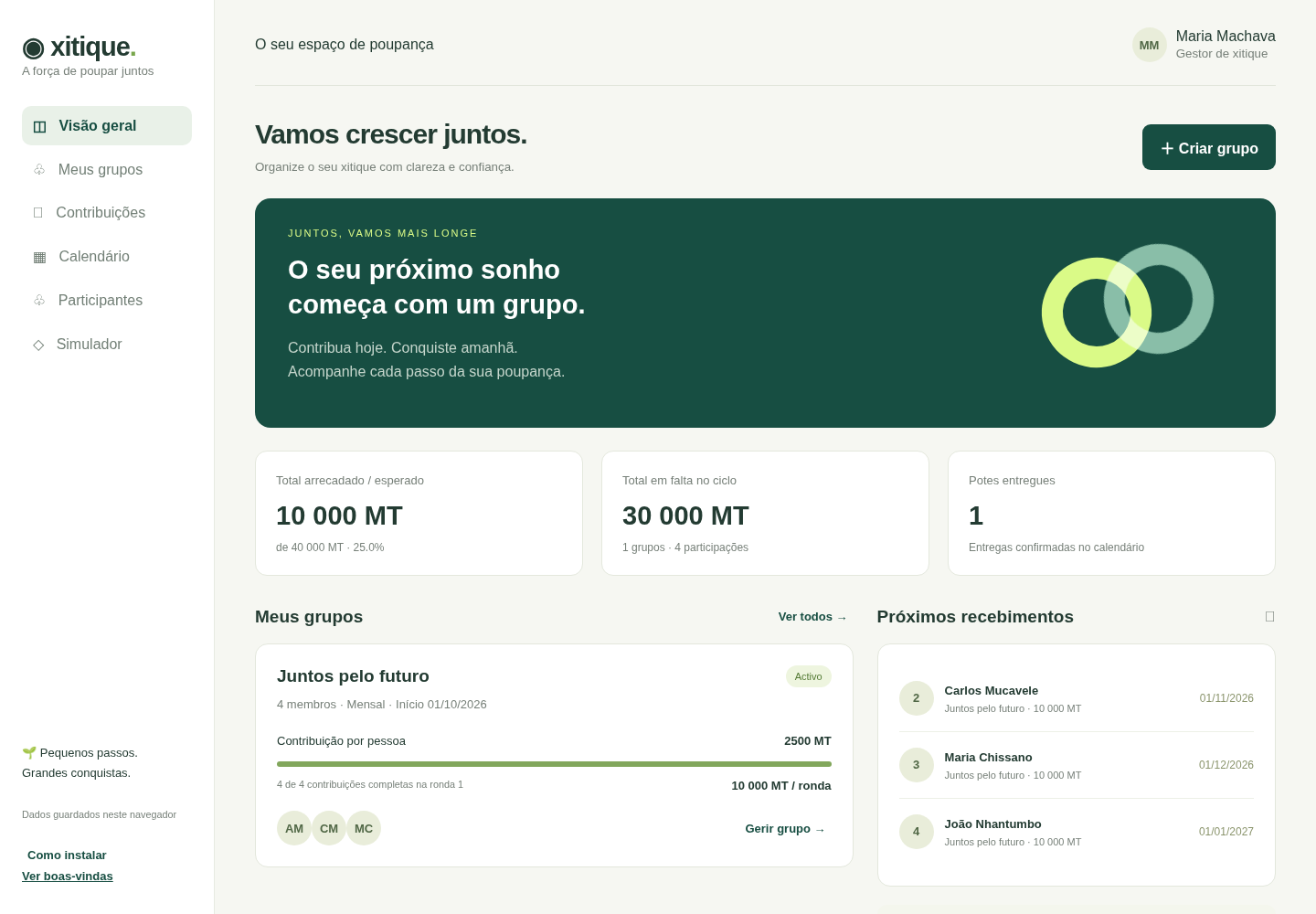 Painel do Xitique com total arrecadado, saldo em falta, potes entregues e próximos recebimentos