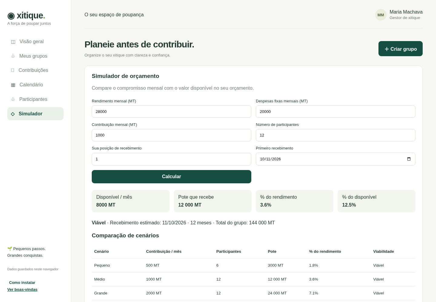 Simulador de orçamento com rendimento, despesas e comparação de cinco cenários